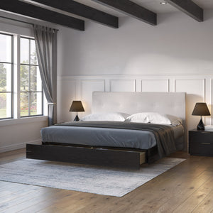 Lit complet avec tête rembourrée en tissu crème et une base à tiroirs Grand lit / Très grand lit - Sofia