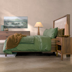 Lit complet avec tête rembourrée en tissu ivoire et une base en noyer Grand lit / Très grand lit - Luca