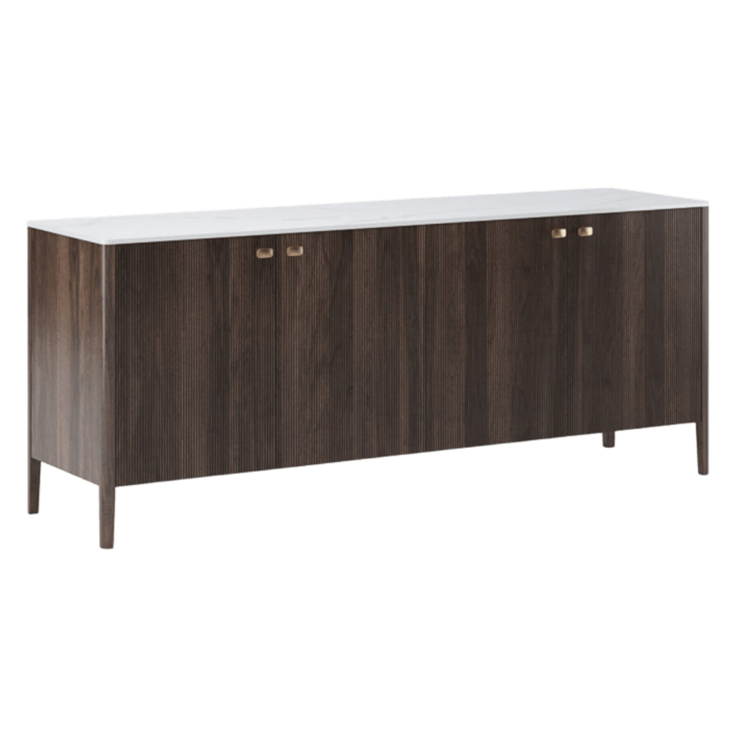 Buffet en porcelaine blanche et bois/placage noyer foncé avec 4 portes - Emilie