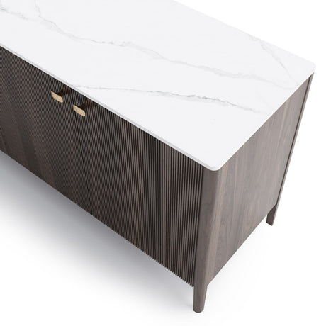 Buffet en porcelaine blanche et bois/placage noyer foncé avec 4 portes - Emilie