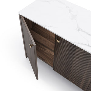 Buffet en porcelaine blanche et bois/placage noyer foncé avec 4 portes - Emilie