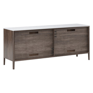 Buffet en porcelaine blanche et bois/placage noyer foncé avec 4 portes - Emilie