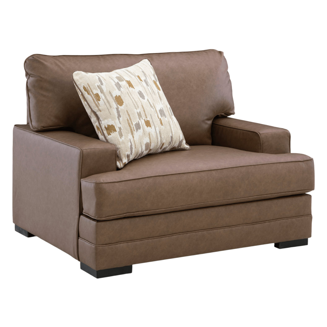 Fauteuil aspect cuir brun caramel avec coussin - VillaCourt