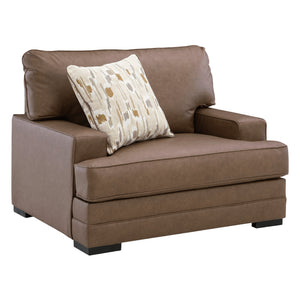 Fauteuil aspect cuir brun caramel avec coussin - VillaCourt