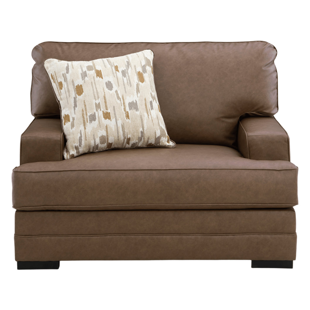 Fauteuil aspect cuir brun caramel avec coussin - VillaCourt