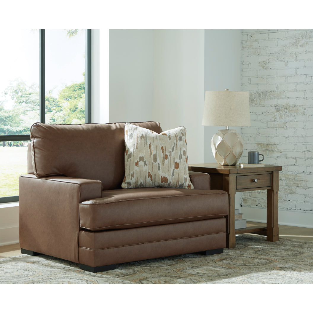 Fauteuil aspect cuir brun caramel avec coussin - VillaCourt