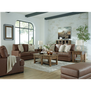 Fauteuil aspect cuir brun caramel avec coussin - VillaCourt
