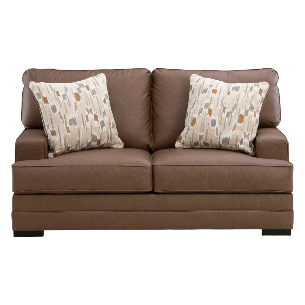 Causeuse aspect cuir brun caramel avec coussins - VillaCourt