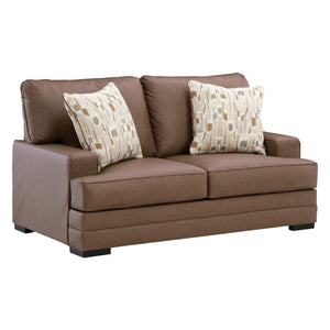 Causeuse aspect cuir brun caramel avec coussins - VillaCourt