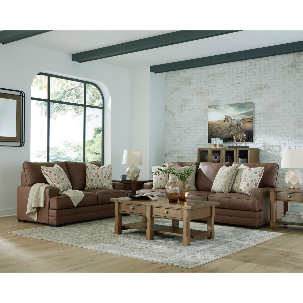 Causeuse aspect cuir brun caramel avec coussins - VillaCourt
