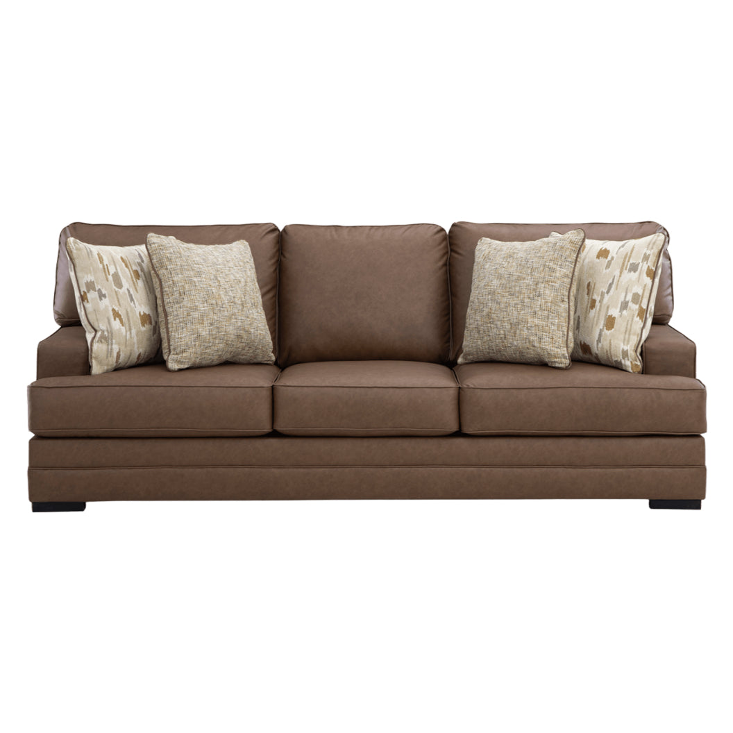 Sofa aspect cuir brun caramel avec coussins - VillaCourt