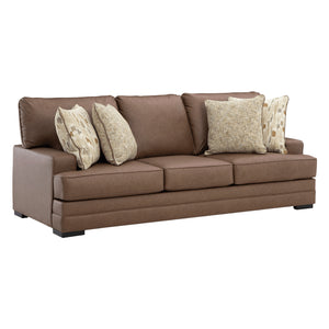 Sofa aspect cuir brun caramel avec coussins - VillaCourt