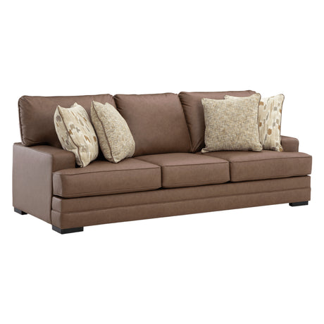Sofa aspect cuir brun caramel avec coussins - VillaCourt