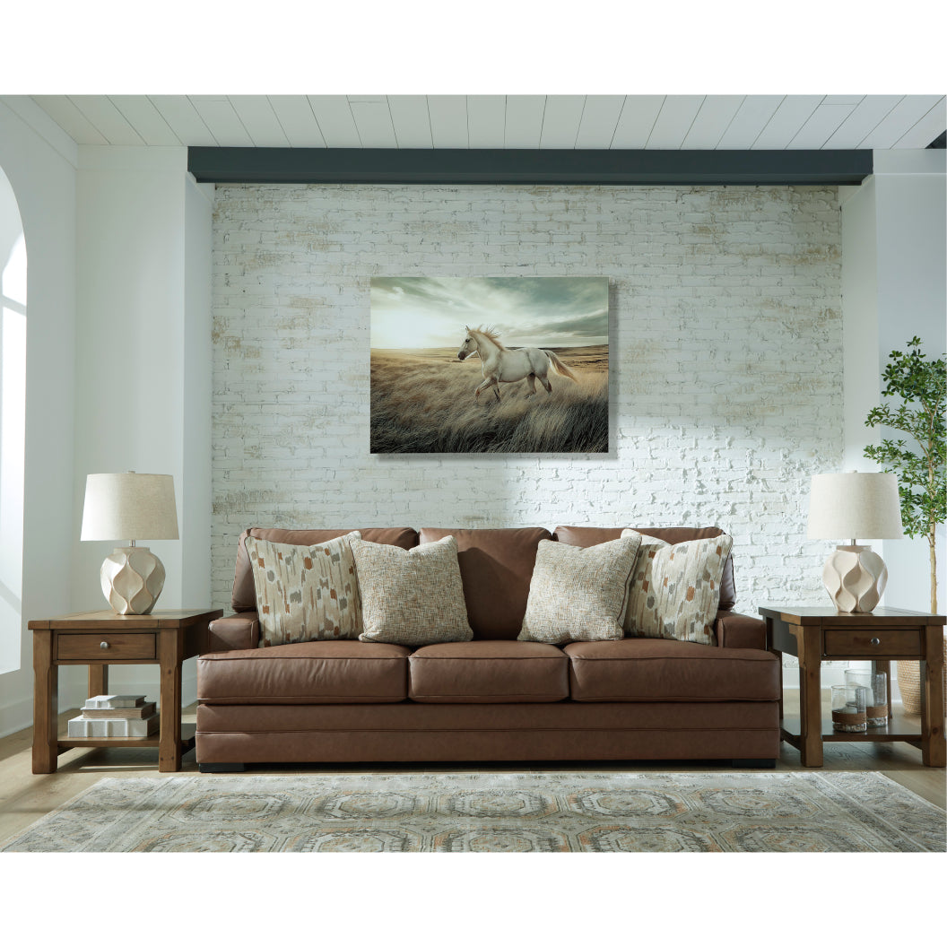 Sofa aspect cuir brun caramel avec coussins - VillaCourt