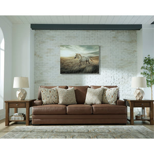 Sofa aspect cuir brun caramel avec coussins - VillaCourt