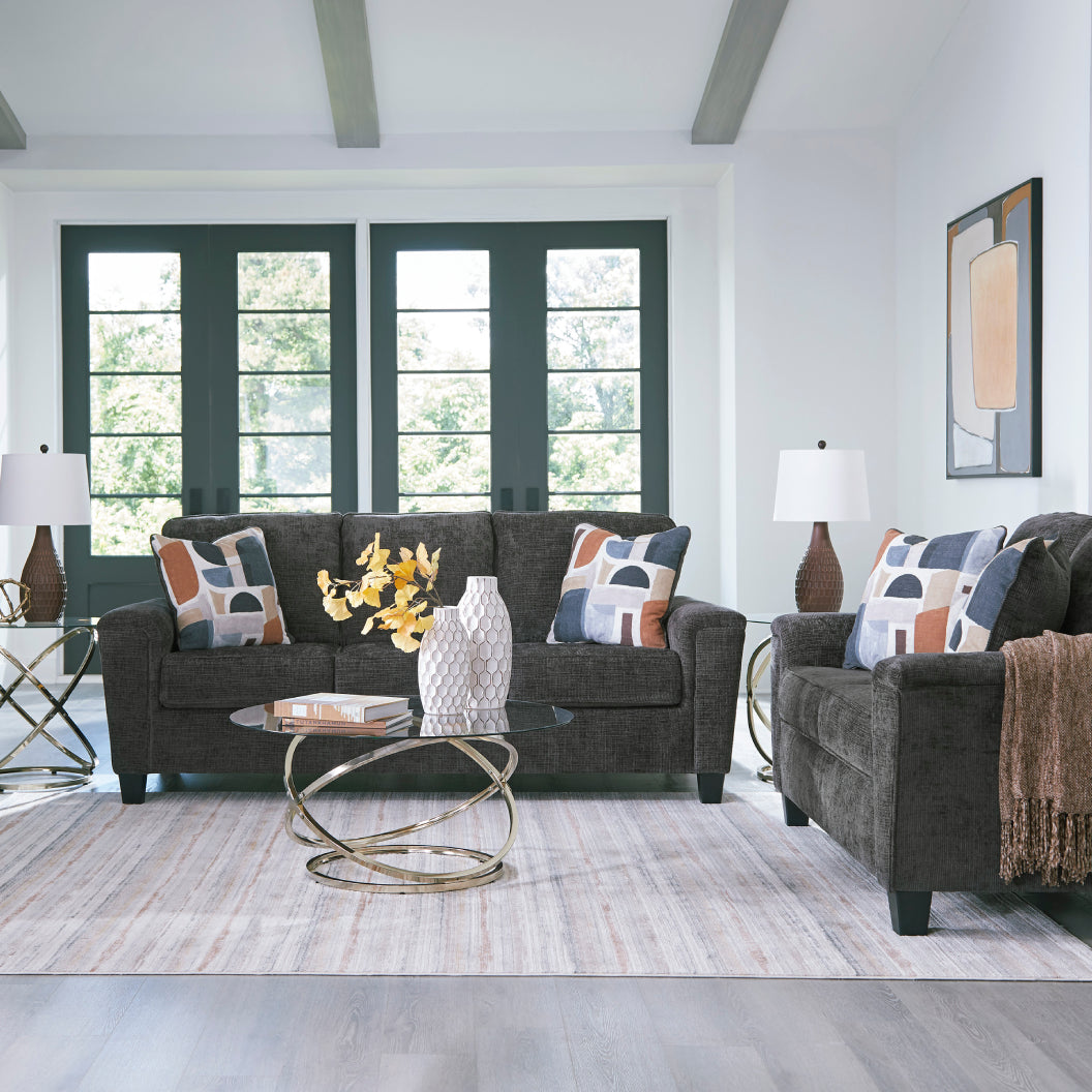 Sofa en tissu noir avec coussins - Erinslane