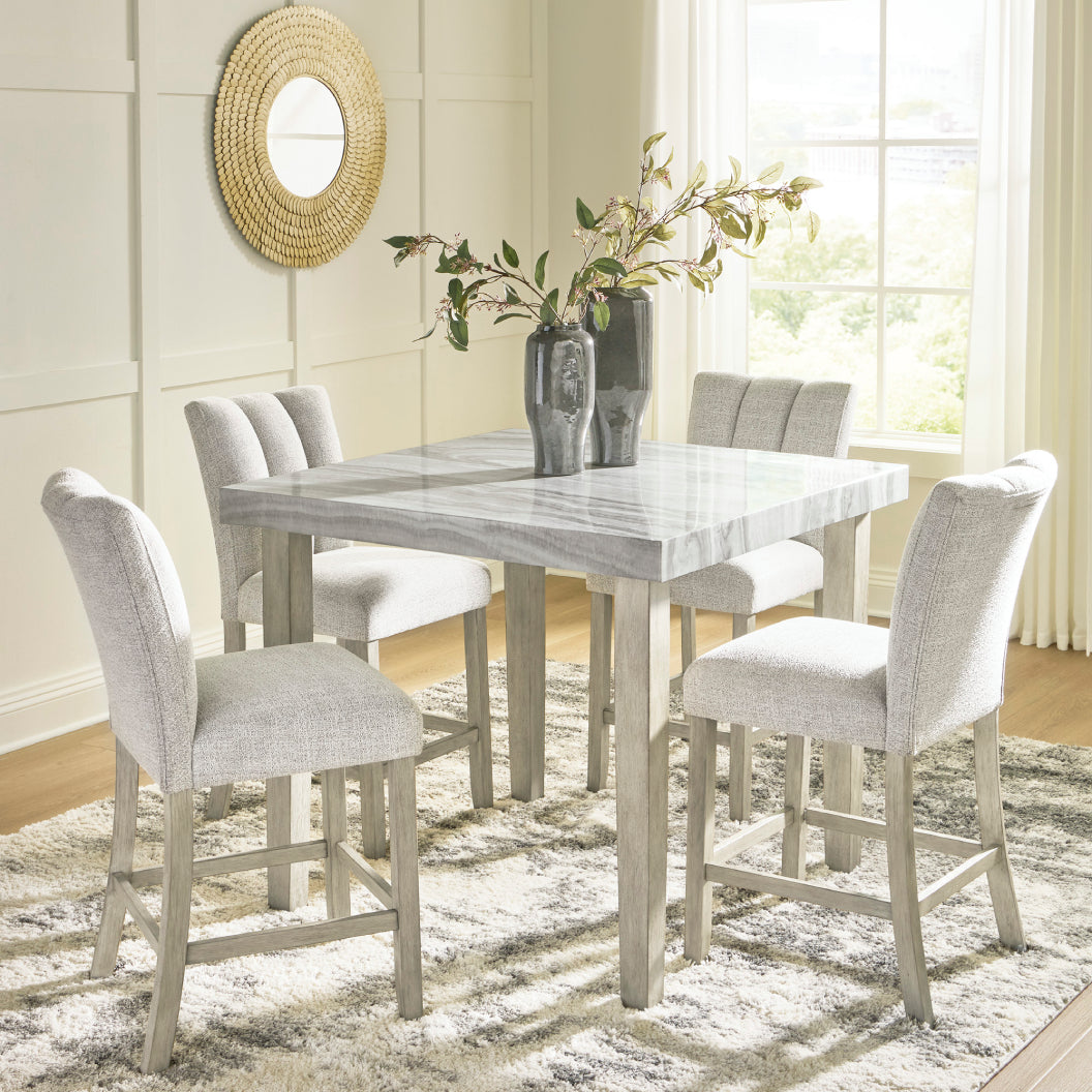 Table de salle à manger haute carrée en faux marbre gris pâle - Larawyn