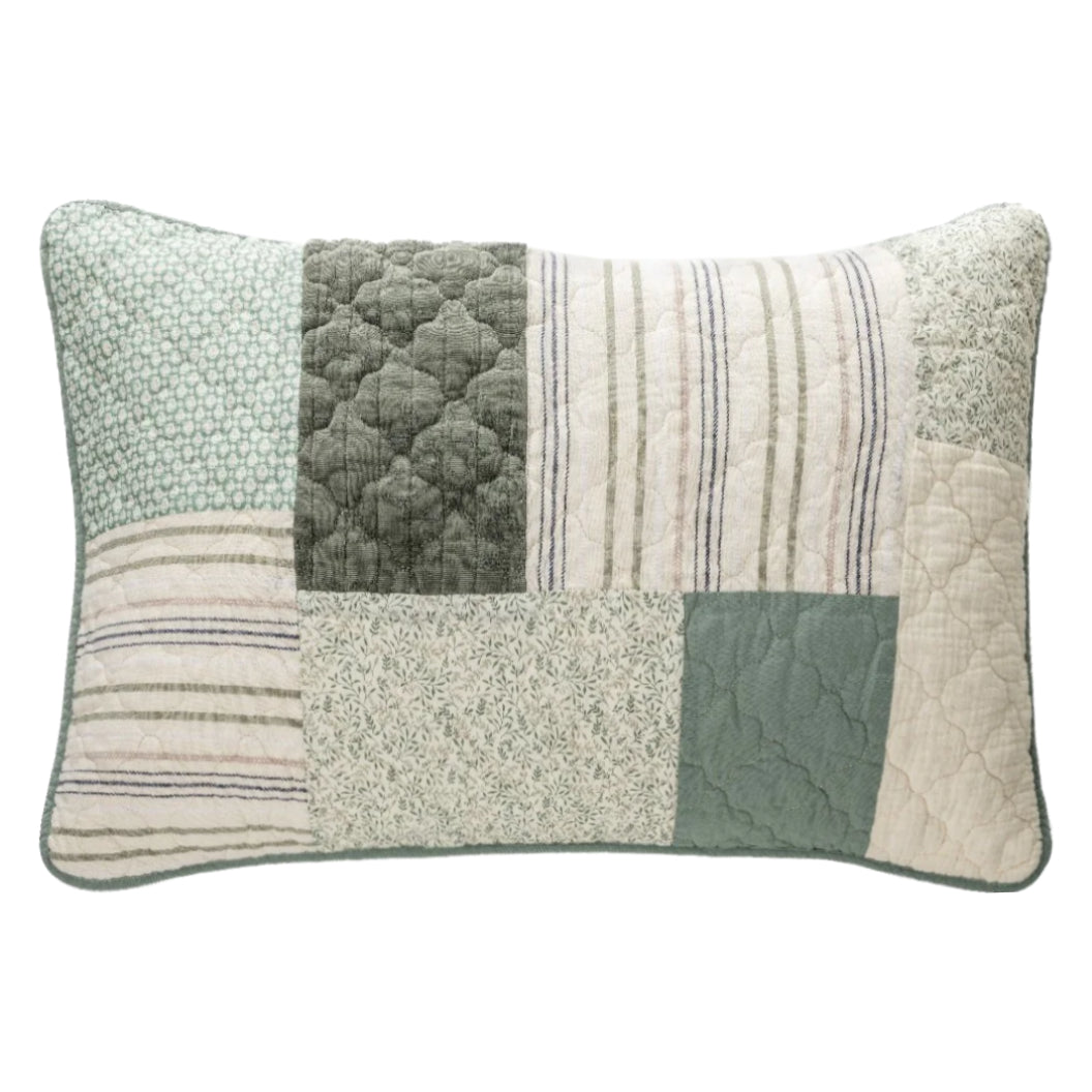 Cache-oreiller en patchwork vert et crème Grand - Broccolini