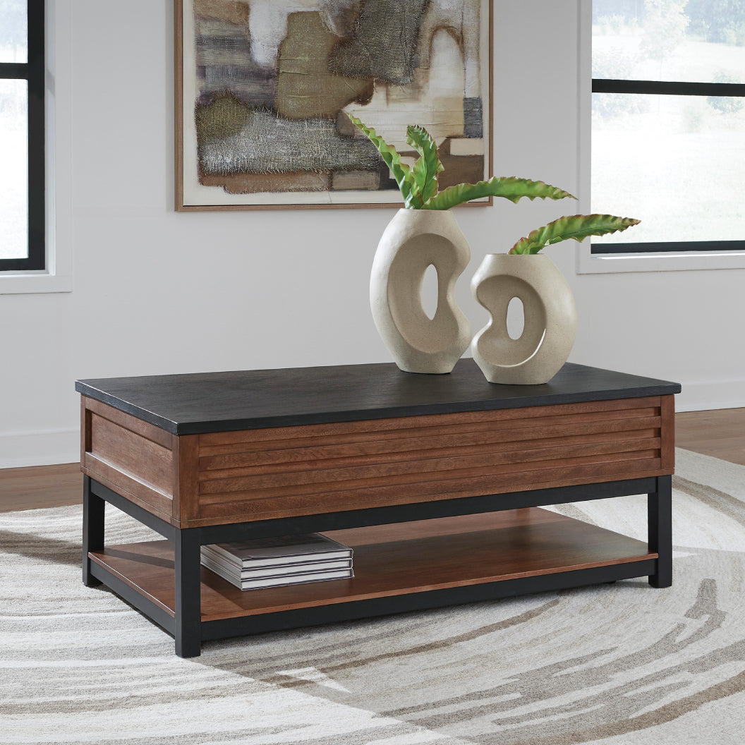 Table basse en bois/MDF bicolore avec plateau relevable - Kallari