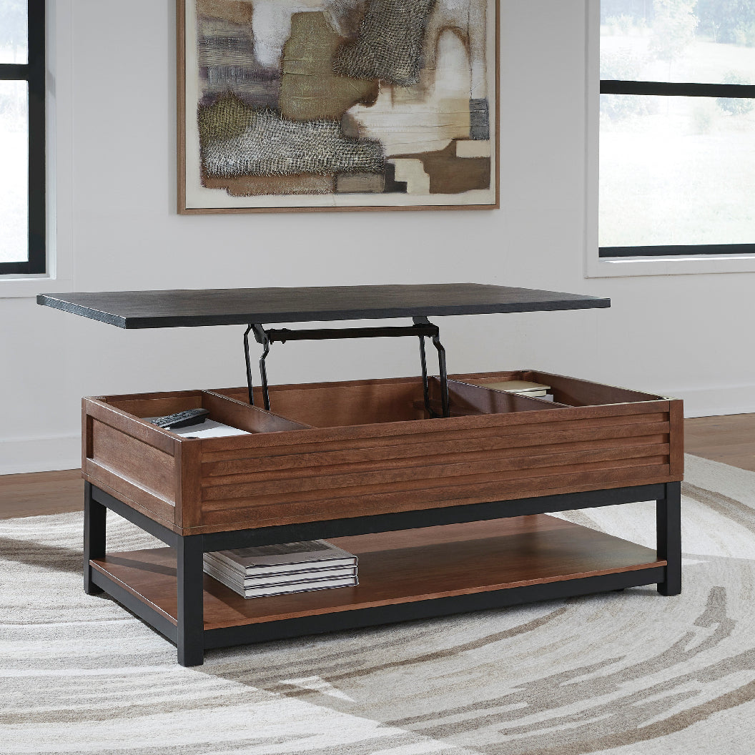 Table basse en bois/MDF bicolore avec plateau relevable - Kallari