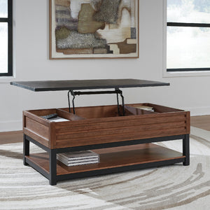 Table basse en bois/MDF bicolore avec plateau relevable - Kallari