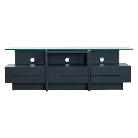 Meuble de télévision en verre et bois/placage noir avec 3 tiroirs - Ross