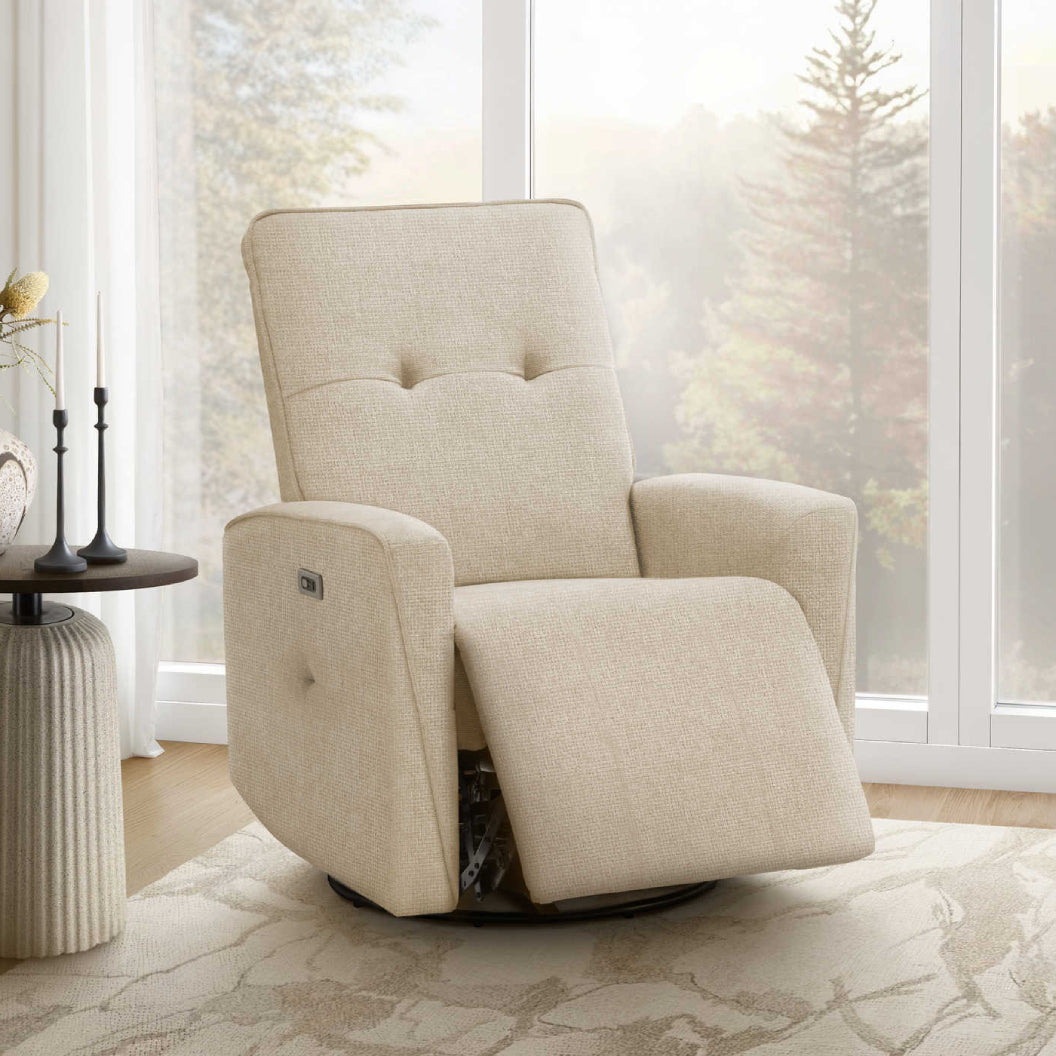 Fauteuil berçant, pivotant et motorisé en tissu avec port USB intégré
