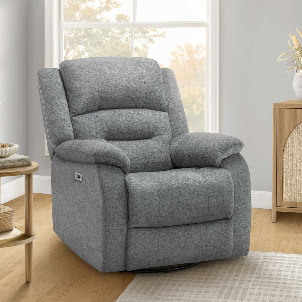 Fauteuil berçant, pivotant et motorisé en tissu avec port USB intégré