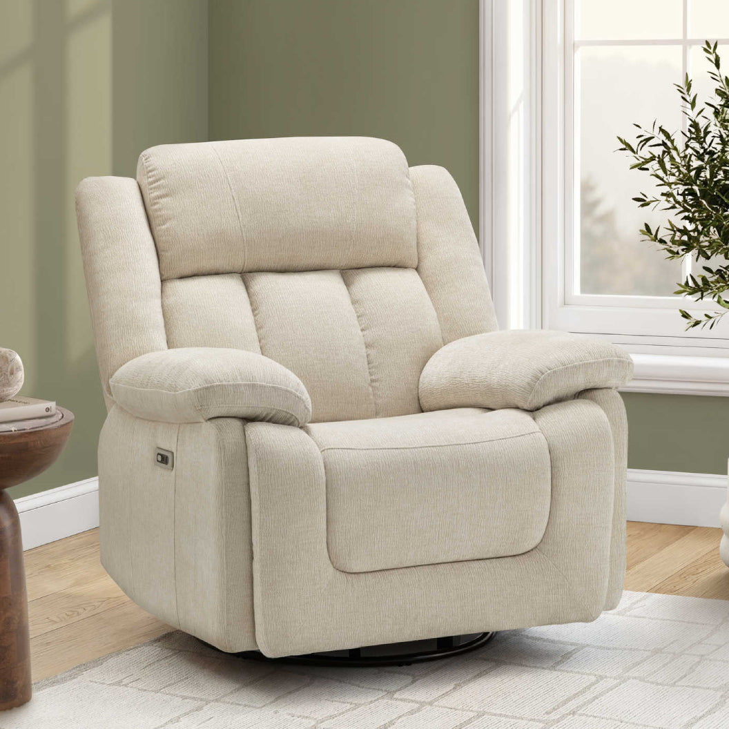 Fauteuil berçant, pivotant et motorisé en tissu avec port USB intégré