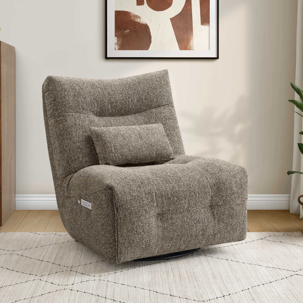 Fauteuil berçant, pivotant et motorisé en tissu avec massage chauffant et port USB intégré