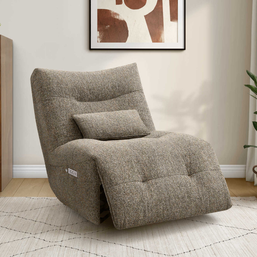 Fauteuil berçant, pivotant et motorisé en tissu avec massage chauffant et port USB intégré