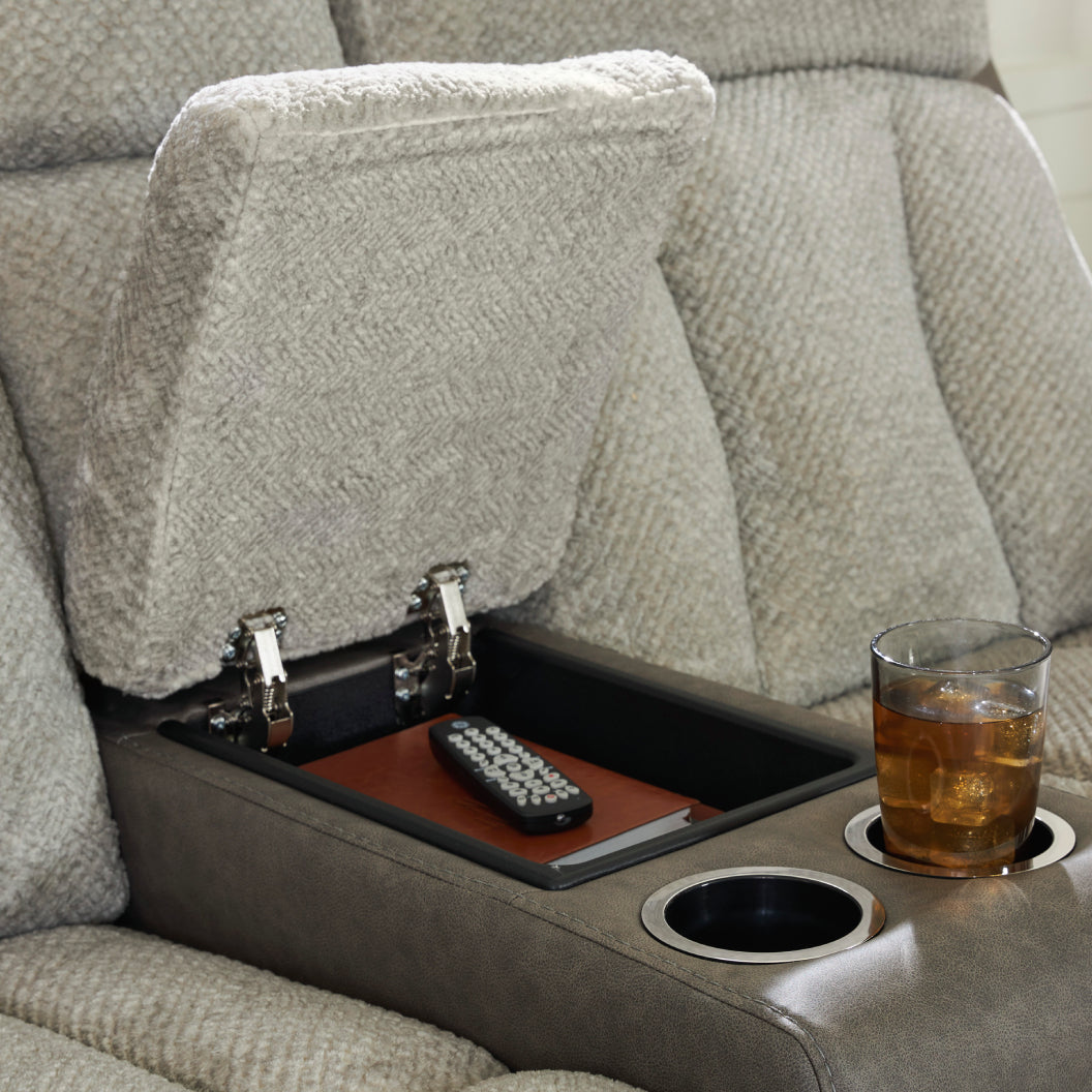 Causeuse inclinable motorisée en tissu/aspect cuir gris avec console, lombaire chauffant et massant - Branthorpe