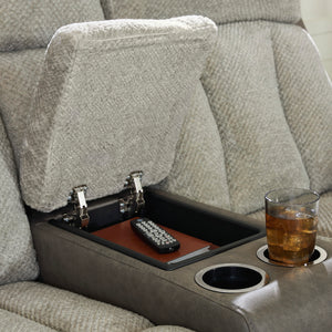 Causeuse inclinable motorisée en tissu/aspect cuir gris avec console, lombaire chauffant et massant - Branthorpe