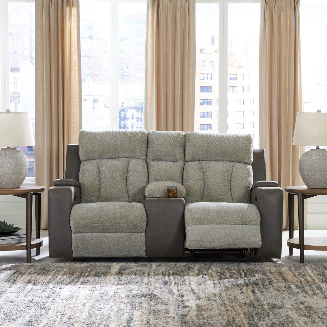 Causeuse inclinable motorisée en tissu/aspect cuir gris avec console, lombaire chauffant et massant - Branthorpe