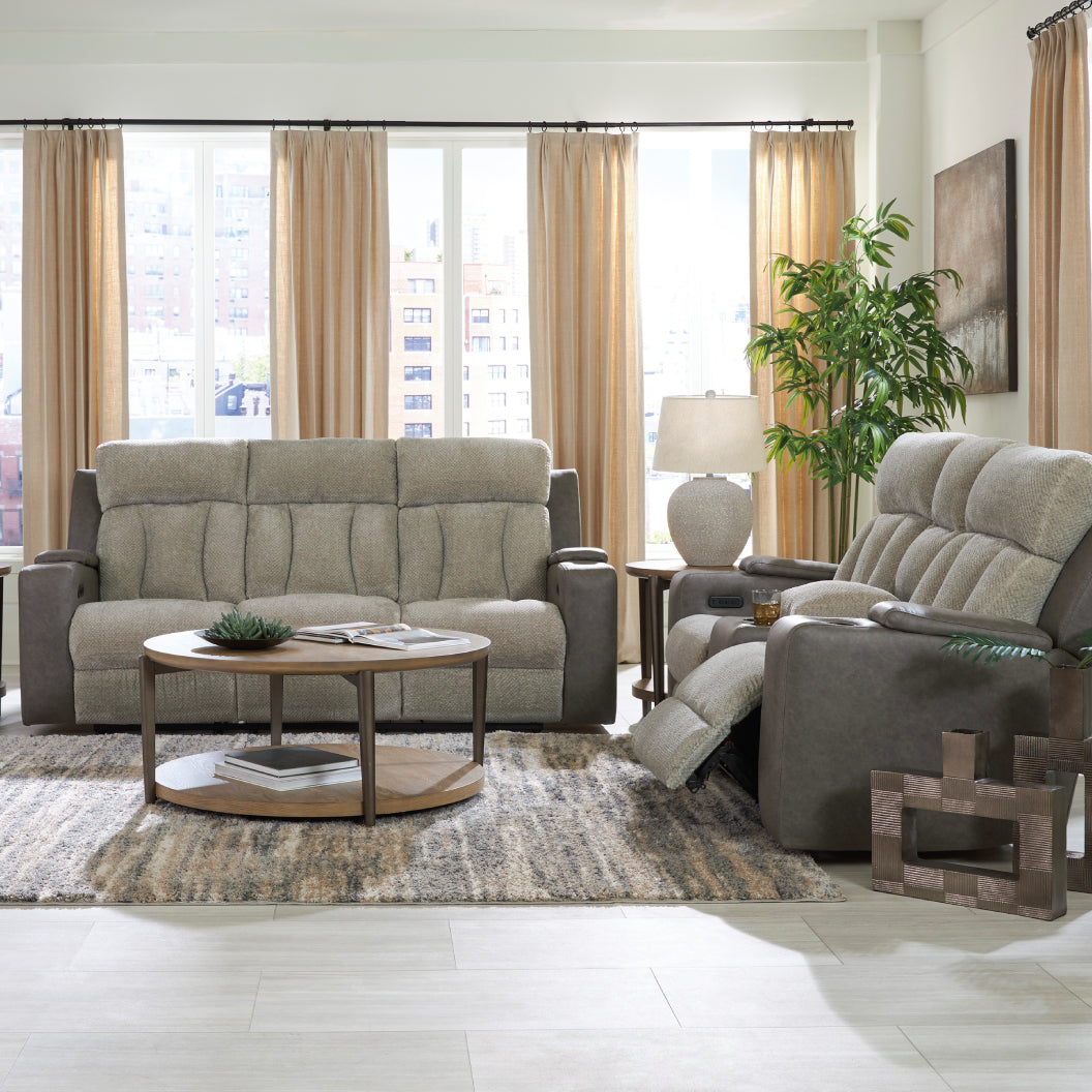 Causeuse inclinable motorisée en tissu/aspect cuir gris avec console, lombaire chauffant et massant - Branthorpe