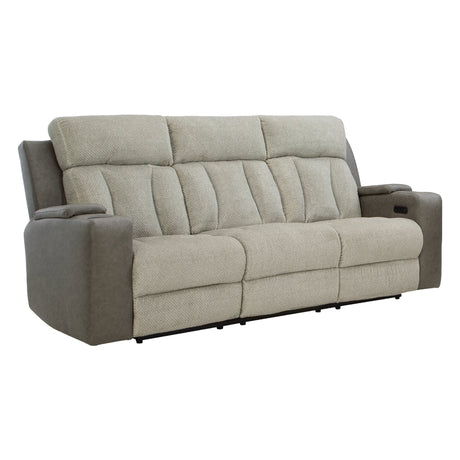 Sofa inclinable motorisé en tissu/aspect cuir gris avec lombaire chauffant, massant et table centrale rabattable - Branthorpe