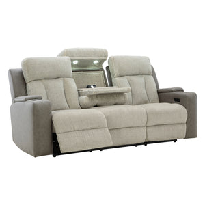 Sofa inclinable motorisé en tissu/aspect cuir gris avec lombaire chauffant, massant et table centrale rabattable - Branthorpe