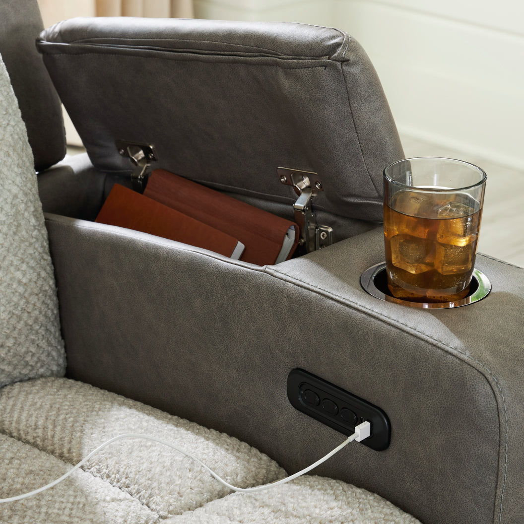 Sofa inclinable motorisé en tissu/aspect cuir gris avec lombaire chauffant, massant et table centrale rabattable - Branthorpe