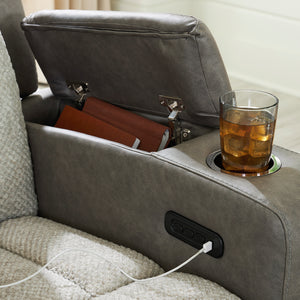 Sofa inclinable motorisé en tissu/aspect cuir gris avec lombaire chauffant, massant et table centrale rabattable - Branthorpe
