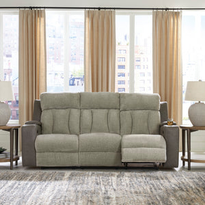 Sofa inclinable motorisé en tissu/aspect cuir gris avec lombaire chauffant, massant et table centrale rabattable - Branthorpe