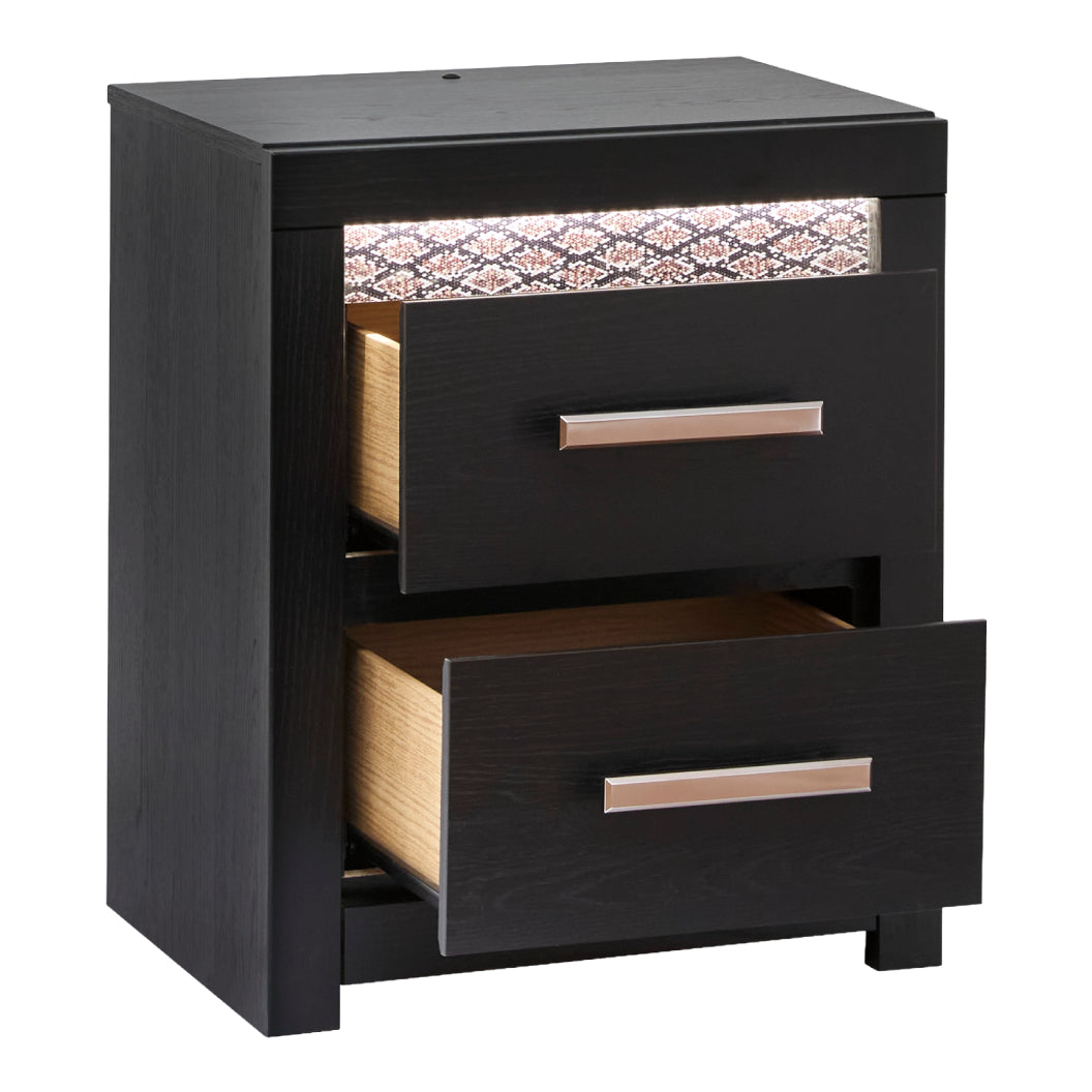 Table de chevet à 2 tiroirs en bois/MDF noir avec éclairage DEL et port USB intégrés - Shoralli