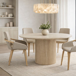 Table de salle à manger ronde en pierre frittée ivoire et travertin - Thalia