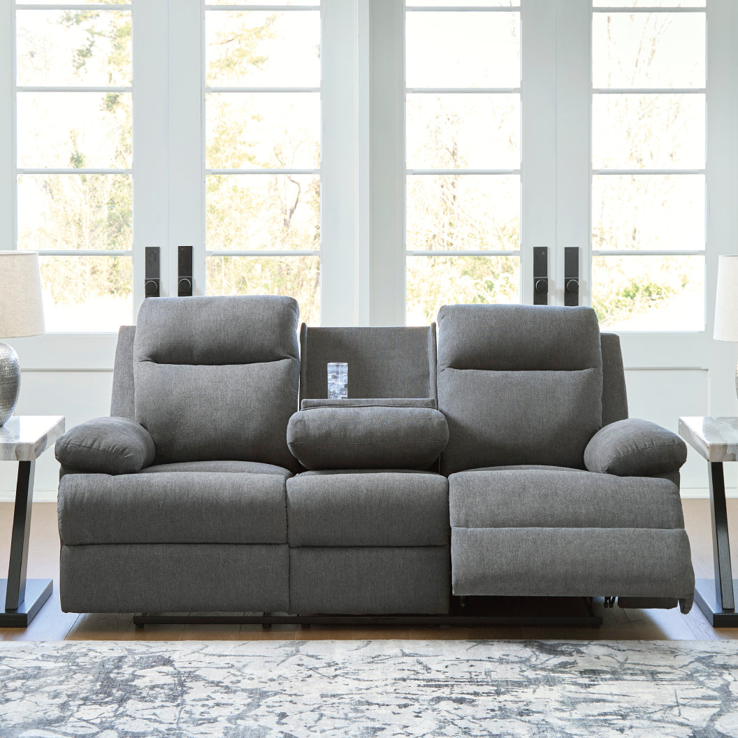 Sofa inclinable en tissu chenille gris charcoal avec table centrale rabattable - Side-Swipe