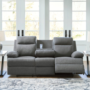 Sofa inclinable en tissu chenille gris charcoal avec table centrale rabattable - Side-Swipe