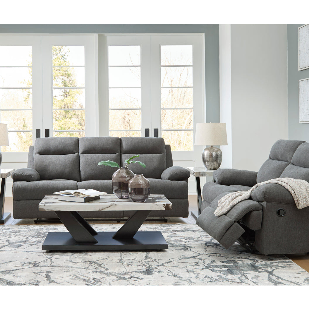Sofa inclinable en tissu chenille gris charcoal avec table centrale rabattable - Side-Swipe