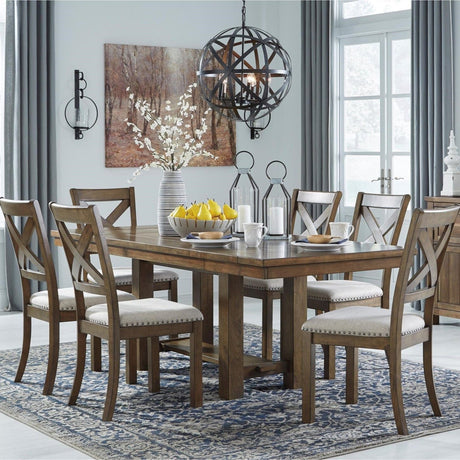 Ensemble de salle à mange en bois et tissu beige avec 6 chaises - Moriville