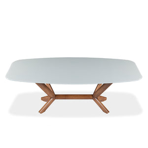 Table de salle à manger rectangulaire avec contour arrondi en verre et bois noyer - Samuel