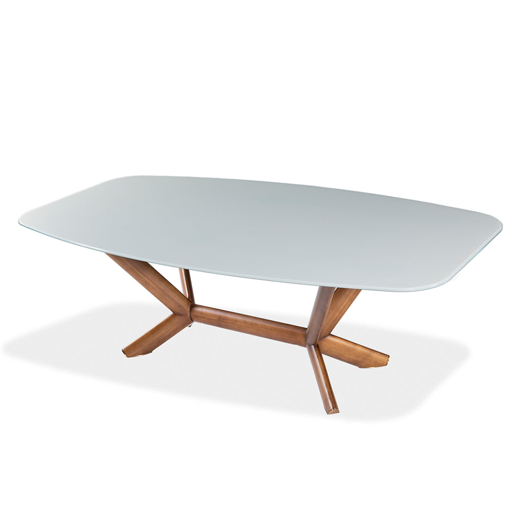 Table de salle à manger rectangulaire avec contour arrondi en verre et bois noyer - Samuel