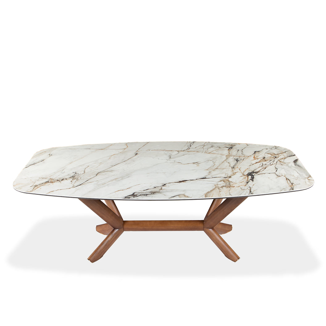 Table de salle à manger rectangulaire avec contour arrondi en céramique et bois noyer - Samuel