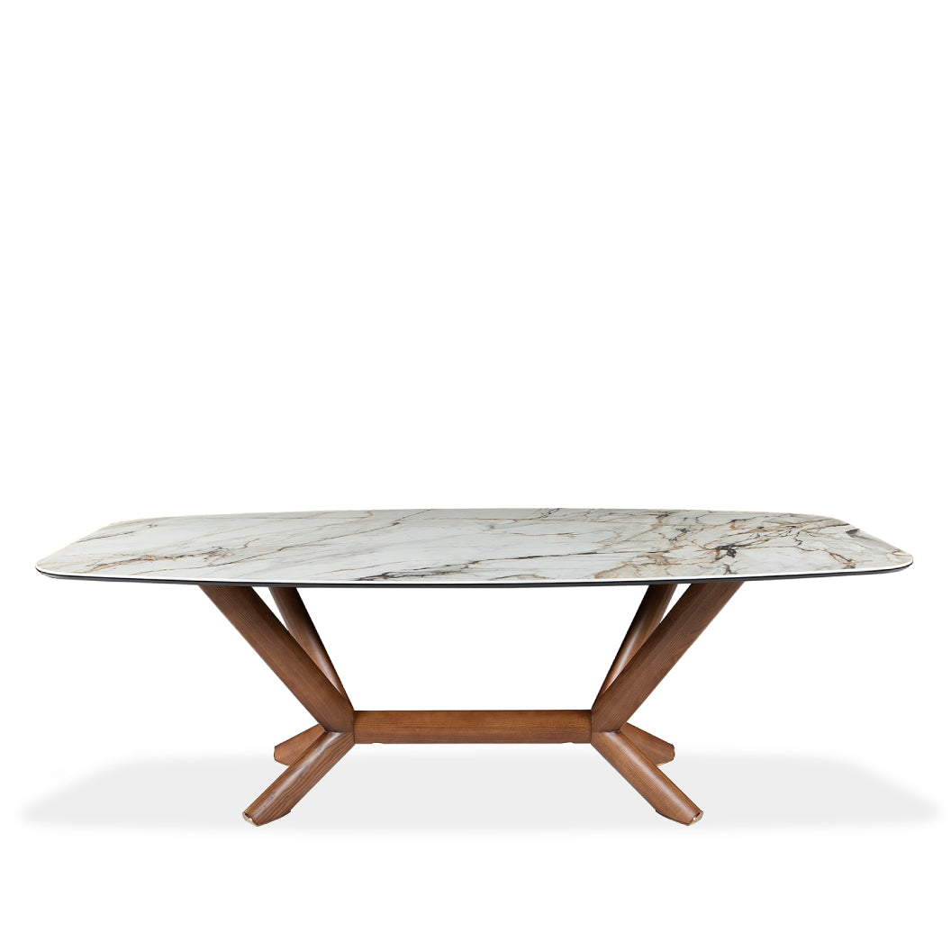 Table de salle à manger rectangulaire avec contour arrondi en céramique et bois noyer - Samuel